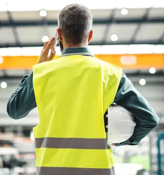 Project manager in a high-visibility vest on the phone, helmet under one arm